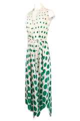 c.1972 Pauline Trigere Graduated Green Dots on Bias Cut Silk Dress