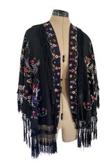 Antique 1920s Embroidered Silk Fringe Curved Cape or Shawl w Tassel Detailing