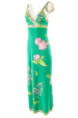 1970s Leonard Paris Green Floral Print Silk Jersey Halter Dress