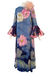 Incredible 1970s Hanae Mori Flower Print Dress w Original Flower Pin & Stunning Sleeves