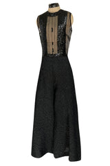 Amazing 1960s Jean Varon Sheer Sequin Bodice Jumpsuit w Wide Textured Pants