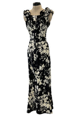 Prettiest 1930s Black & White Floral Print Bias Cut Silk Elaborate Ruffle Shoulder Dress