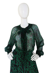 1980s Green Print Chanel Silk Top & Skirt