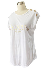 Recent Balmain Gold Logo Tee White T-Shirt with Gold Button Detailing