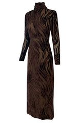 1970s Pauline Trigere Fused Velvet & Chocolate Silk Chiffon Dress w Attached Tie at Neck