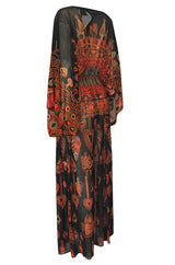 Incredible 1970s Gottex Plunging Light Print Nylon Caftan Dress