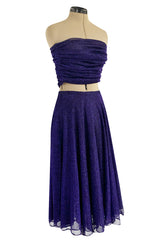 Rare 1978 Halston Couture Metallic Purple Lurex Cropped Bandeau Top & Skirt Set