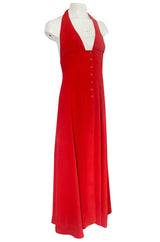 Iconc 1970s Ossie Clark Red Moss Crepe Button Front Halter Dress