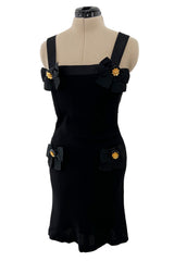 Incredible 1990s Gemma Kahng Black Backless Mini Dress w Bow & Gold Button Detailing