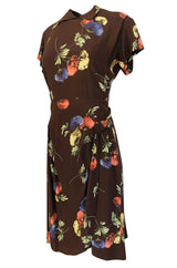 1940s Unlabeled Spectacular Floral Printed Brown Silk Swing Dress