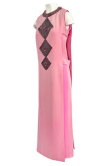 Documented 1969 Pierre Cardin Couture Pink Silk Crepe Diamond Beaded Dress w Overlay