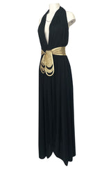 Documented 1980 Bill Tice Plunge Front Black & Gold Backless Halter Dress