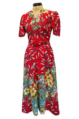 Gorgeous 1940s Unlabeled Cotton Pique Red & Bright Floral Print Dress w Original Belt