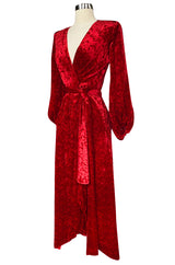 1985 Yves Saint Laurent Red Crushed Velvet Wrap Plunge Dress