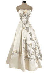 Gorgeous 1950s Emma Domb Ivory Matte Satin Dress w Sequin & 3D Flower Detailing