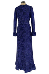 Extraordinary 1971 Givenchy Azure Blue Woven Silk & Metallic Thread Dress w Ruffled Cuffs & Hem