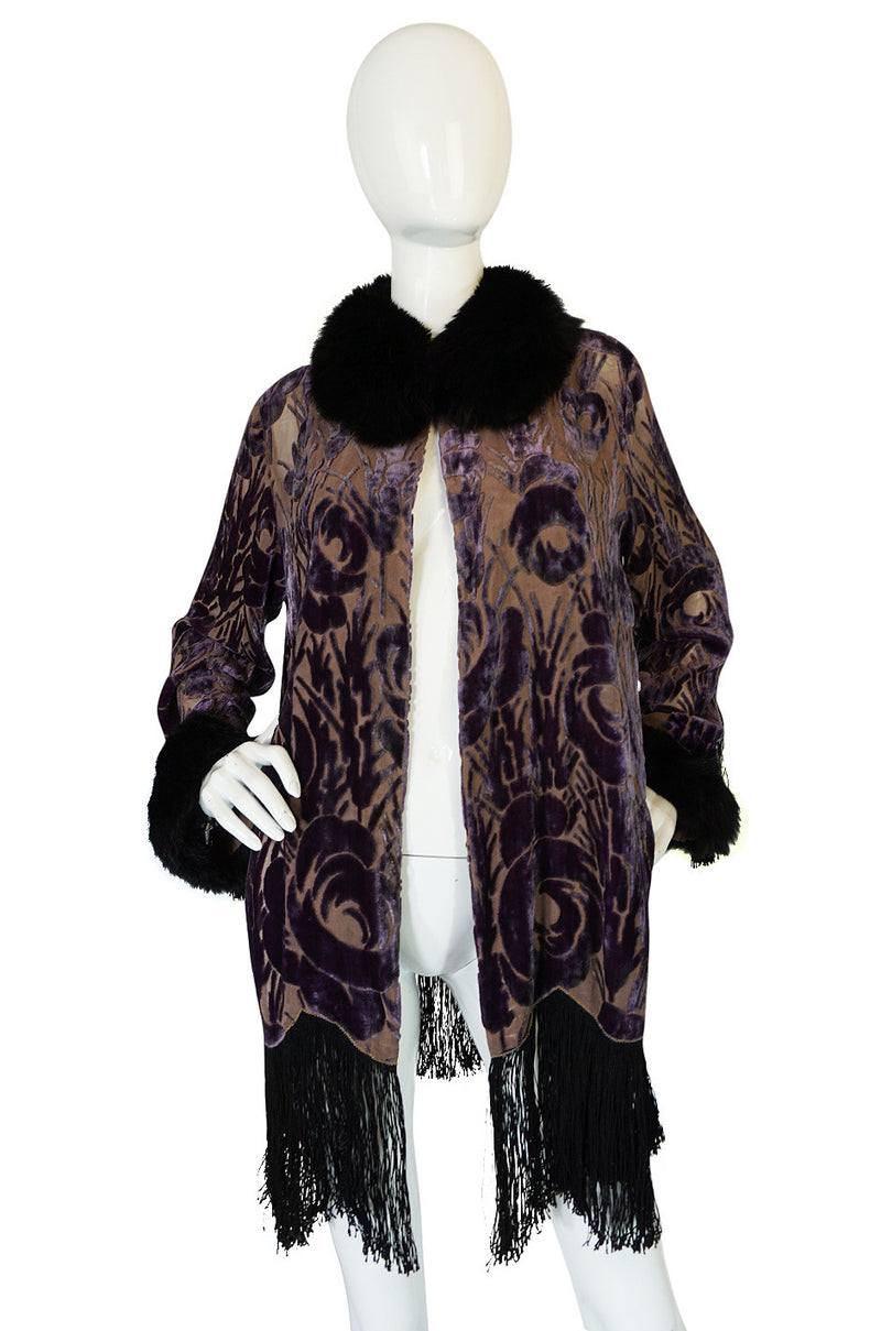 Beautiful 1920s Voided Velvet, Fur & Silk Fringe Jacket