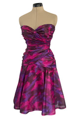 1980s Loris Azzaro Couture Strapless Deep Pink & Purple Printed Silk Mini Dress w Flare Skirt