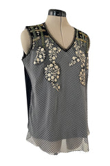 Wonderful Little Upcycled Black & White Striped Silk Chiffon Top W Hand Applied Twenties Details