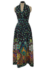 Prettiest Early 1970s Oscar de la Renta Floral Printed Halter Dress w Crossed Strap Open Back