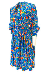 Spring 1983 Yves Saint Laurent Silk Multi Color Print on Blue Dress