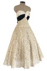 Exceptional Spring 1956 Pierre Balmain Haute Couture Strapless French Alencon Lace & Silk Organza Dress