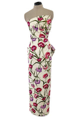 Beautiful 1950s Philip Hulitar Couture Brilliant Floral on Ivory Print Silk Strapless Dress