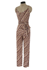 Rare 1970s Emilio Pucci Printed Taupe & White Silk Jersey Halter Jumpsuit w Belt