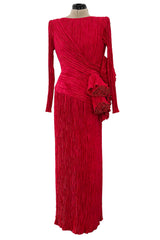 Runway Fall 1988 Mary McFadden Couture Red Pleated Dress w Gold Edged Ruffle Detailing