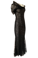 Incredible 2000s John Galliano Fine Black Lace Dress w Train & High Collar