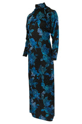 1970s James Galanos Backless Blue Floral Print Ruffled Silk Dress