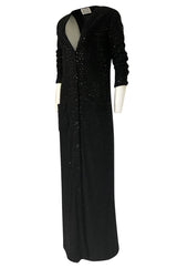 1970s Bill Blass Black Knit Wool Jersey & Silk Sequin Covered Cardigan Dress