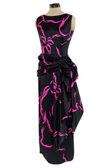 Fall 1985 Unlabeled Ady Couture for YSL Black Silk Hip Swag Dress w Pink Bow Print