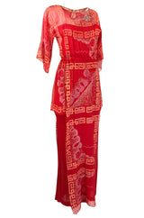 Fall 1979 Zandra Rhodes Book Piece 'Chinese Squares' Printed Red Silk Chiffon Dress