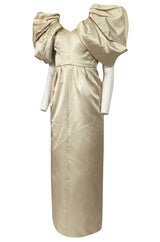1980s Jacqueline De Ribes Ivory Silk Satin Dress w Amazing Sleeves