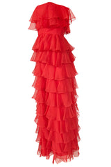 c.1977 Valentino Strapless Silk Chiffon Red Ruffle Full Length Dress