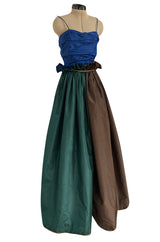 Dreamy 1970s James Galanos Blue Brown & Green Silk Dress w Ruffled Waist & Metallic Gold Trim