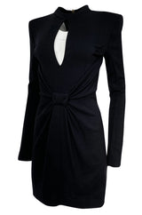 2010s Balmain Black Jersey Dress w Strong Shoulders, Front Knot & Keyhole