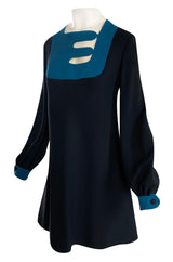 c.1967 Pierre Cardin ‘Cosmocorps’ Collection Cut Out Blue Neckline on Black Wool Dress