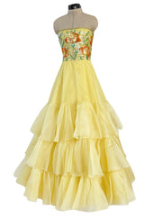 Spring 1977 Jean Louis Scherrer Haute Couture Strapless Floral Sequin Silk Dress w Matching Silk Cape
