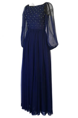 1970s Roberto Capucci Deep Blue Chiffon Dress w Beaded & Pintuck Bodice