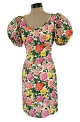 Well Documented Spring 1992 Yves Saint Laurent Ad Campaign Pouf Sleeve Silk Pink Floral Dress