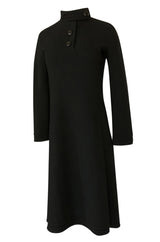 1960s Pierre Cardin Chic Sculpted Black Wool Button Detail Dress