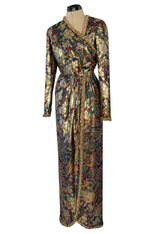 Fall 1990 Oscar de la Renta Metallic Gold Silk Lame Dress w Brass Bell Trim