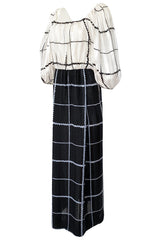 1970s Pauline Trigere Contrasting Black & White Silk Rope Print On or Off Shoulder Dress