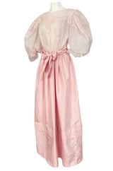1980s Oscar de la Renta Pale Pink Taffeta, Lace & Chiffon Pouf Sleeve Dress