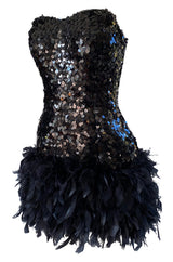 1970s Strapless Black Sequin Micro Mini Dress w Feather Hem