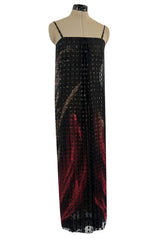 1970s Pauline Trigere Metallic Gold Thread on Pritned Silk Chiffon Dress & Sash