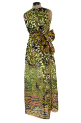 Fabulous 1960s Unlabeled Metallic Green Organza Dress Set w Matching Hot Pants & Gold Trim