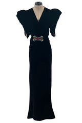 Incredible 1930s Black Silk Velvet Wrap Bias Cut Dress w Elaborate Metal & Bead Belt